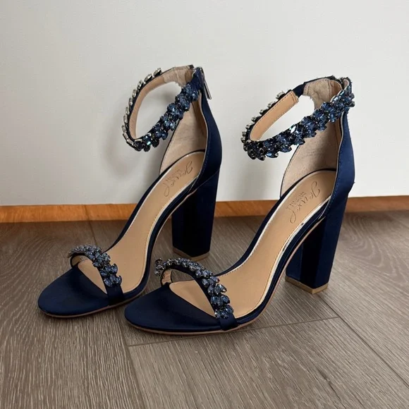 Badgley Mischka Embellished Navy Satin Ankle-Strap Heels - Picture 2 of 5